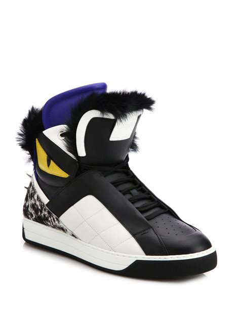 fendi black leather sneakers|fendi shearling trimmed sneakers.